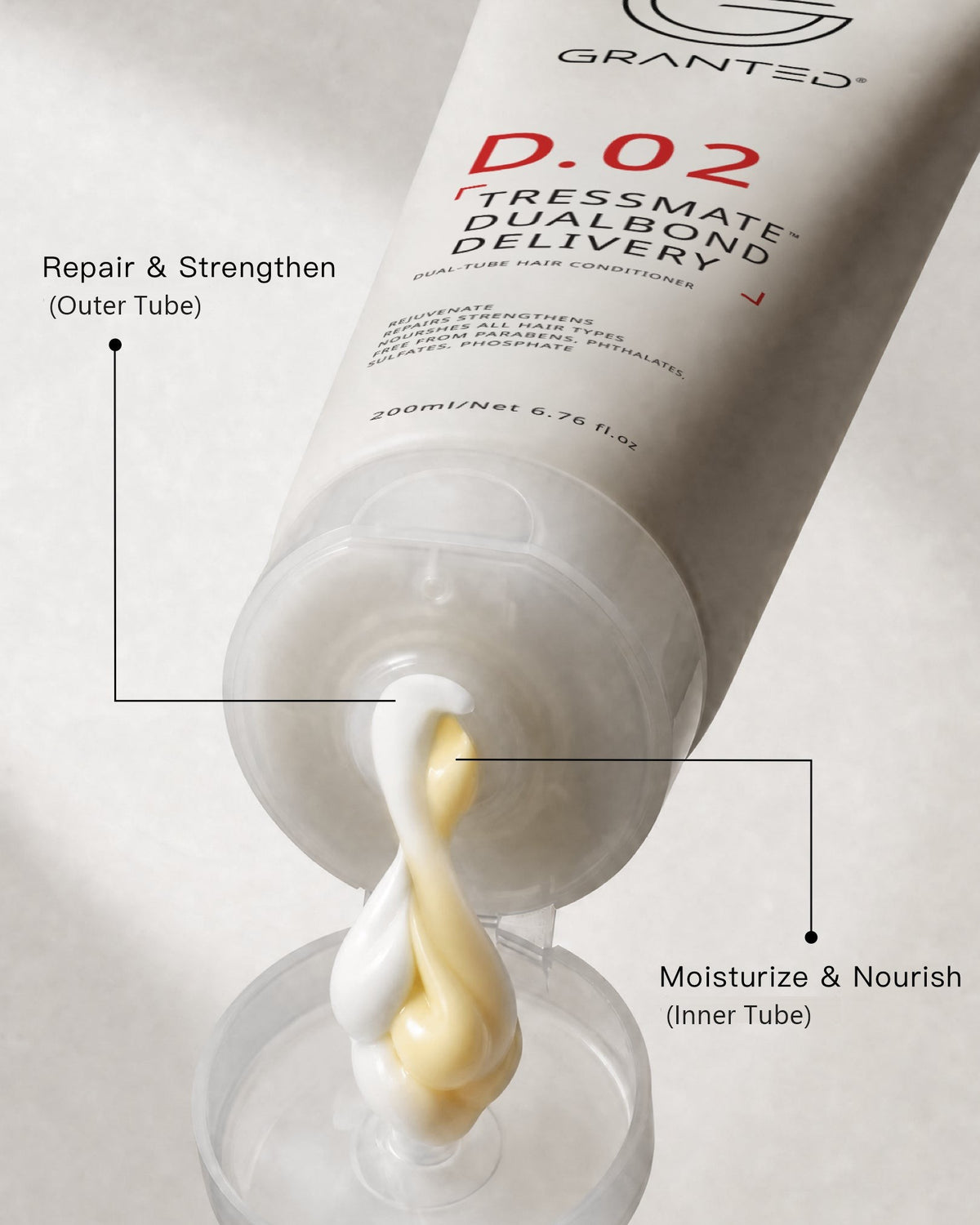 GRANTED D.02 dual-tube conditioner showing the inner repair and strengthening formula and outer moisturising and nourishing formula.