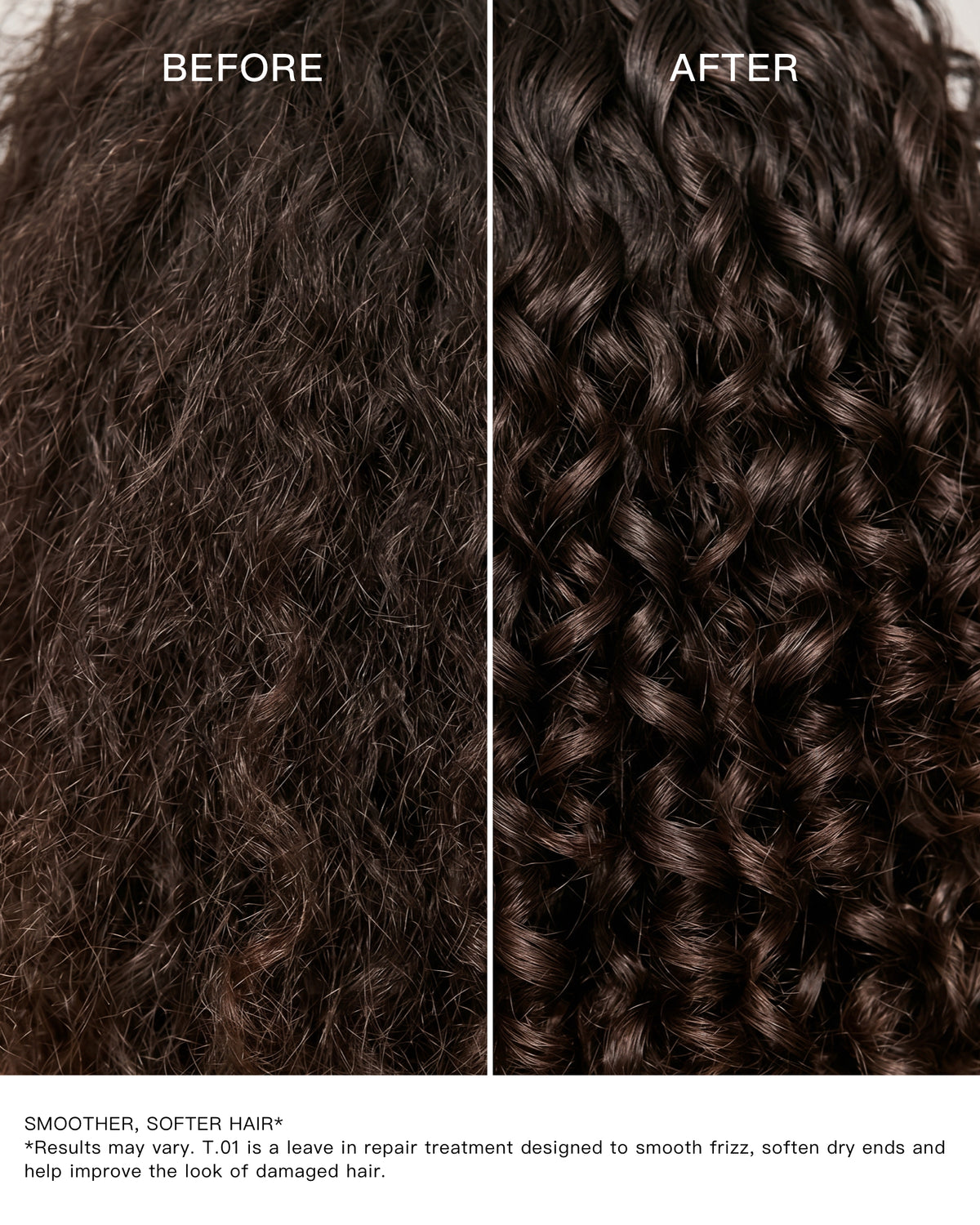 Before and after comparison showing frizzy hair looking smoother after using GRANTED T.01 leave-in repair treatment
