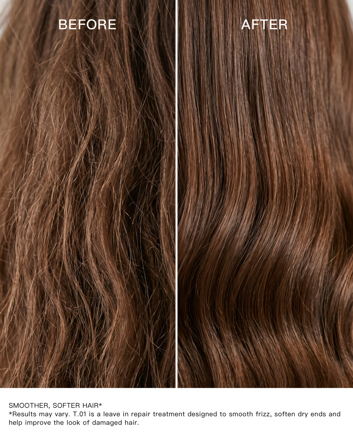 Before and after comparison of dry, frizzy hair looking smoother after using GRANTED T.01 leave-in hair treatment