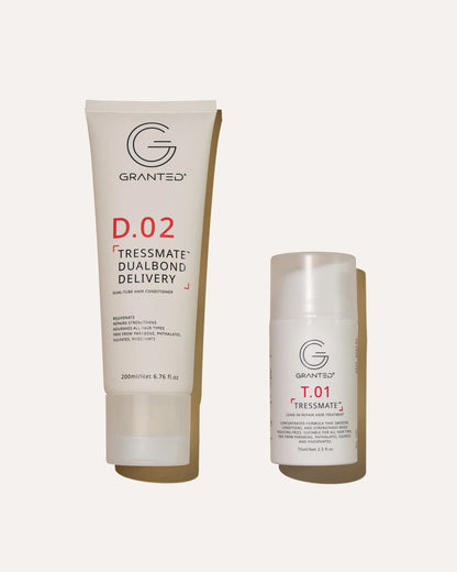 Granted D.02 Tressmate DualBond conditioner + T.01 leave-in treatment — sulfate-free bond repair for damaged, frizzy hair