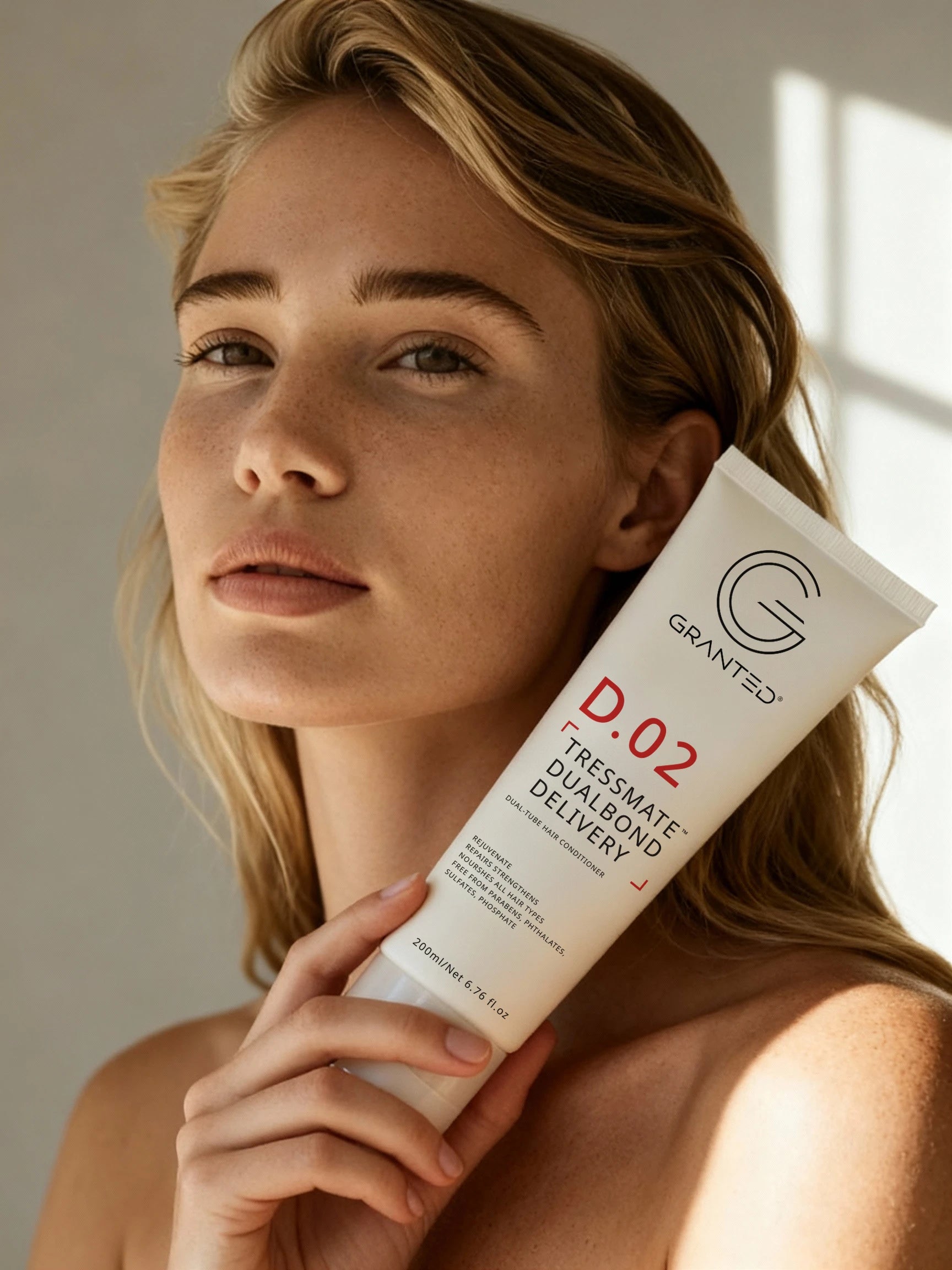 Packshot of Granted D.02 Tressmate DualBond Conditioner, front label, bond repair formula.