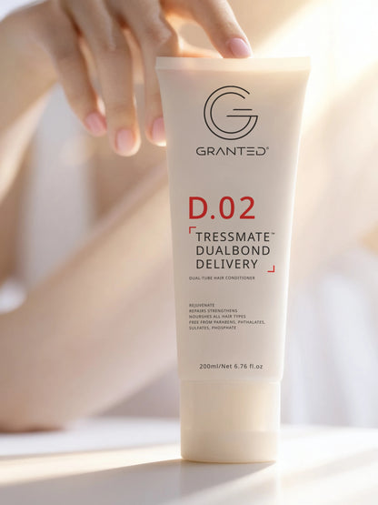 Packshot of Granted D.02 Tressmate DualBond Conditioner, front label, bond repair formula.