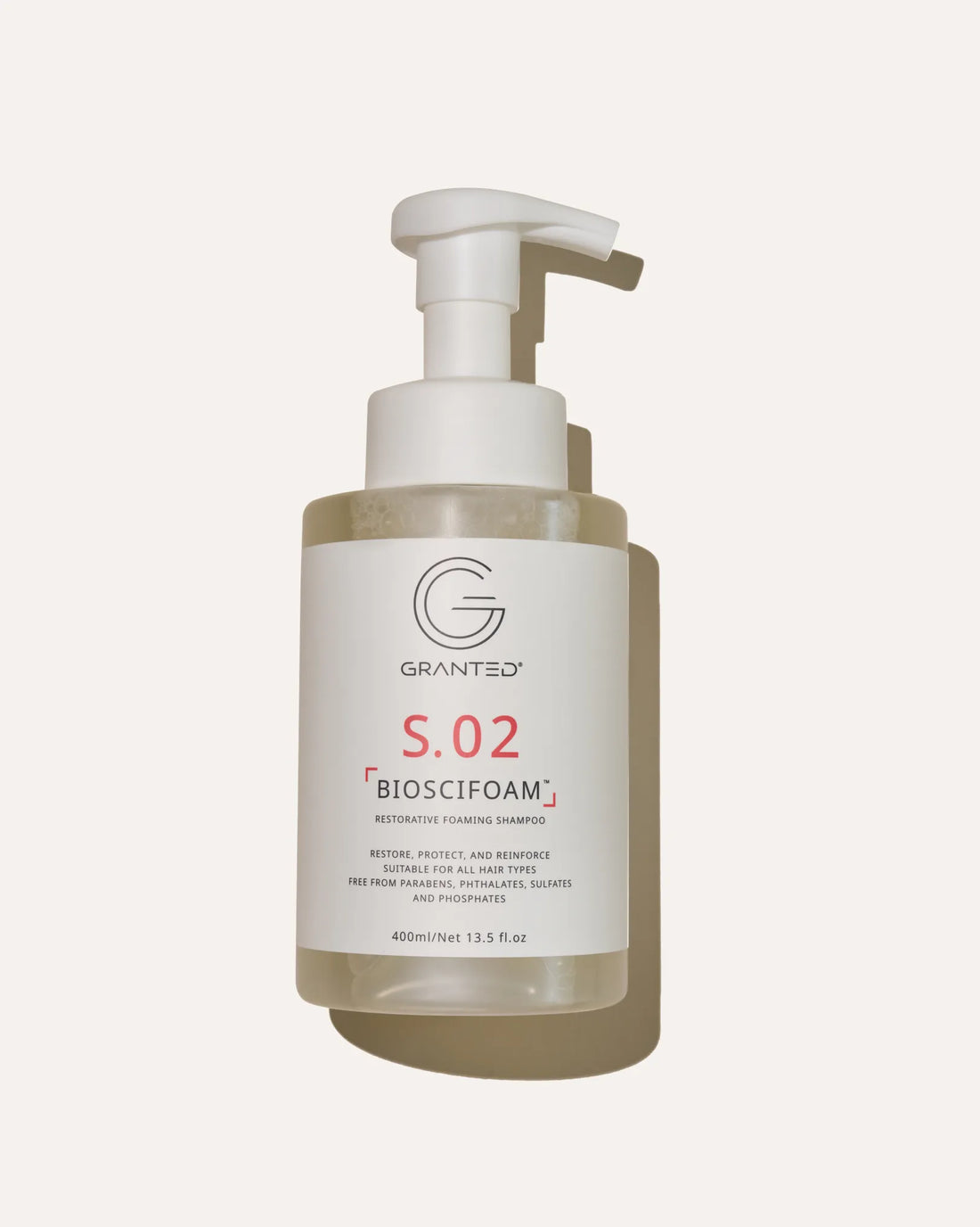 Single Granted S.02 BIOSCIFOAM bottle product shot; repair shampoo for damaged hair.