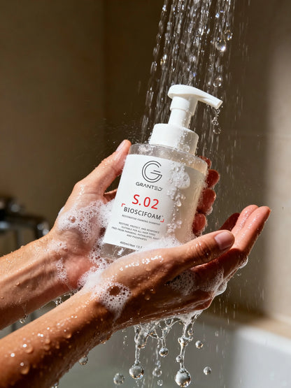 Single Granted S.02 BIOSCIFOAM bottle product shot; repair shampoo for damaged hair.