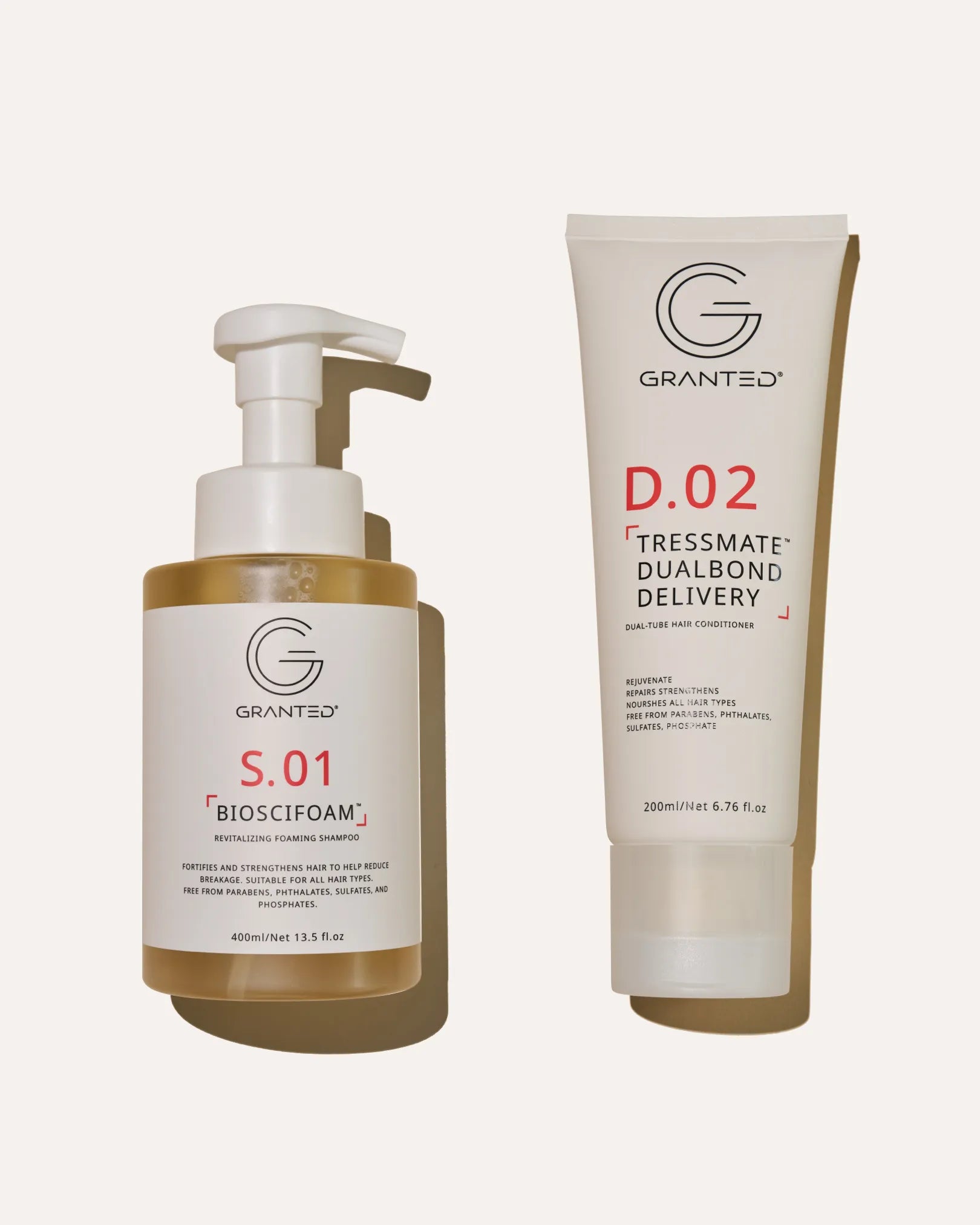 Granted S.01 shampoo and D.02 DualBond conditioner — anti-breakage, sulfate-free hair care for dry, frizzy, damaged hair