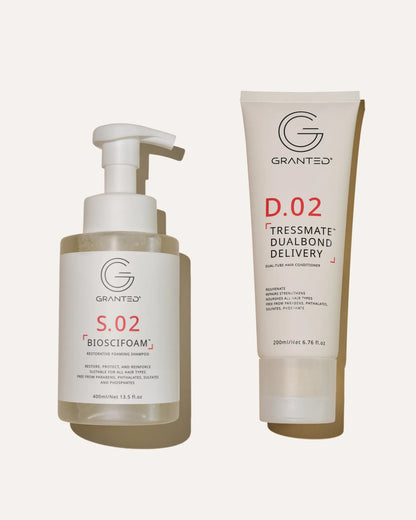 Granted S.02 restorative shampoo + D.02 Tressmate DualBond conditioner — sulfate-free bond repair for damaged hair