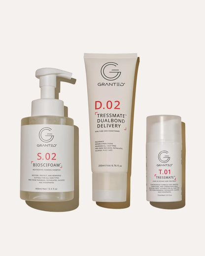 Granted S.02 Restorative Shampoo, D.02 Tressmate DualBond Conditioner and T.01 Leave-In Treatment — sulfate-free bond repair for damaged hair
