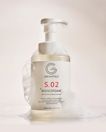 Granted S.02 Restorative Shampoo, D.02 Tressmate DualBond Conditioner and T.01 Leave-In Treatment — sulfate-free bond repair for damaged hair