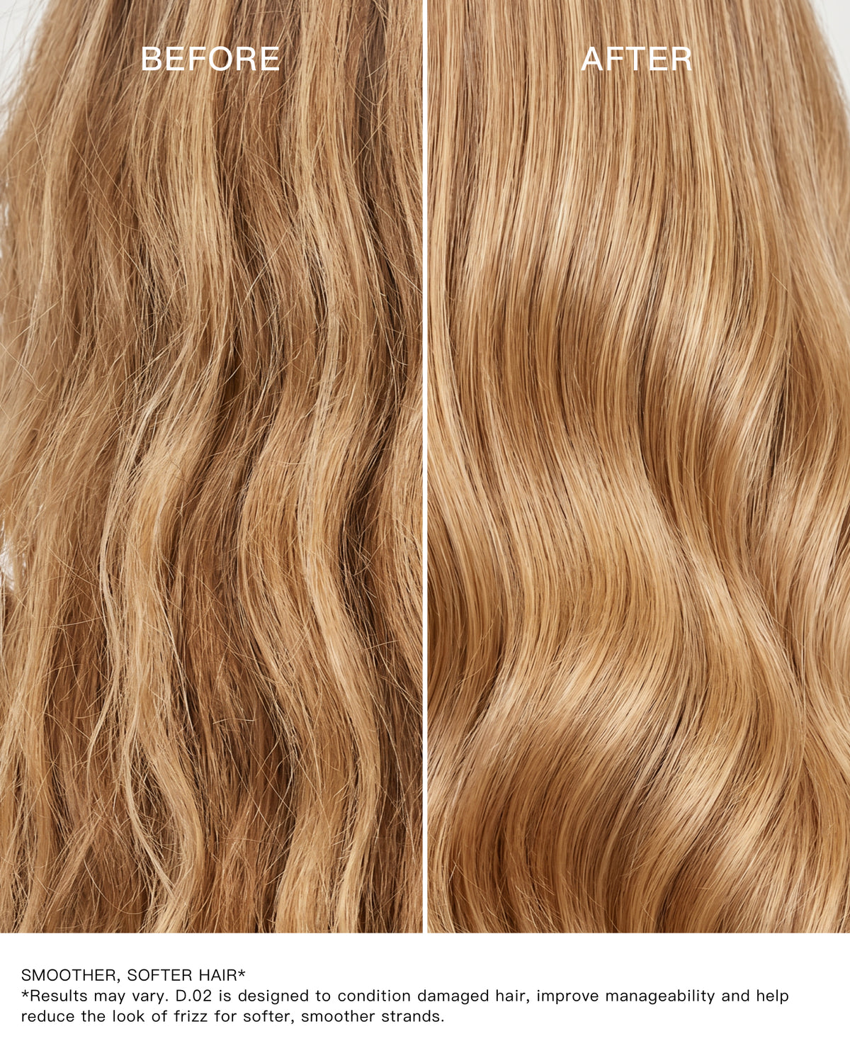 Before and after comparison of blonde hair showing a smoother, softer-looking finish with GRANTED D.02 conditioner.