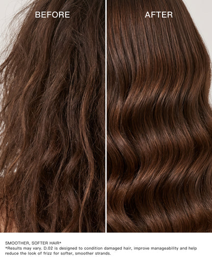 Before and after hair comparison showing a smoother, softer-looking finish with GRANTED D.02 conditioner.