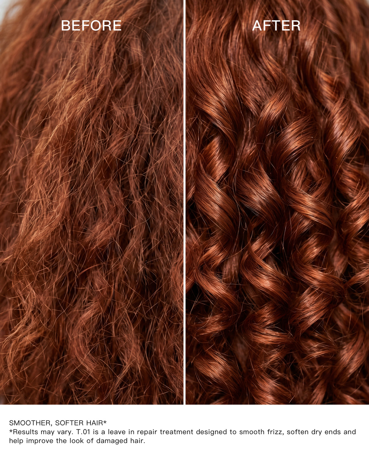 Before and after of dry, frizzy red hair looking smoother and softer with GRANTED T.01 leave-in repair treatment