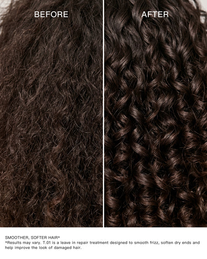 Before and after comparison showing frizzy hair looking smoother after using GRANTED T.01 leave-in repair treatment